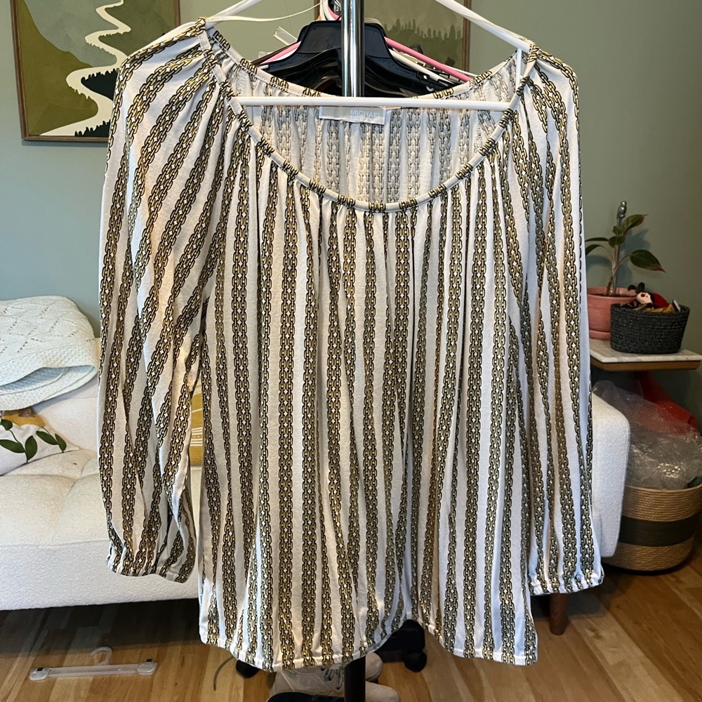 Michael Kors White Blouse with Gold Chain-Print Stripes